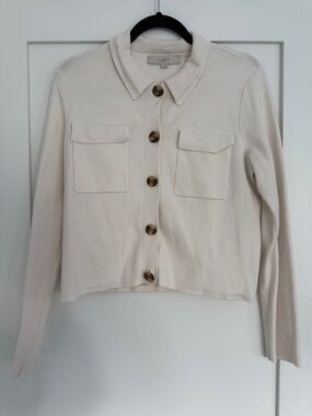 LOFT Cream Button-Up Pocket Sweater